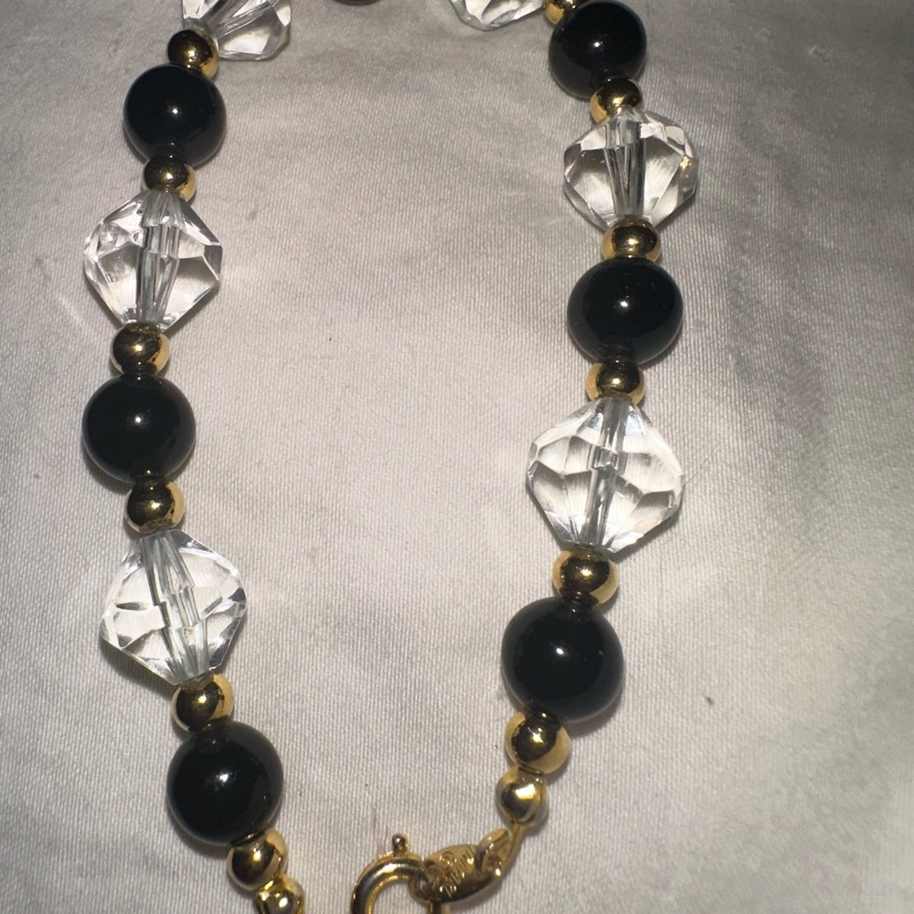 Vintage Trifari Black & Clear Crystal Beaded Bracelet Gold Tone Signed